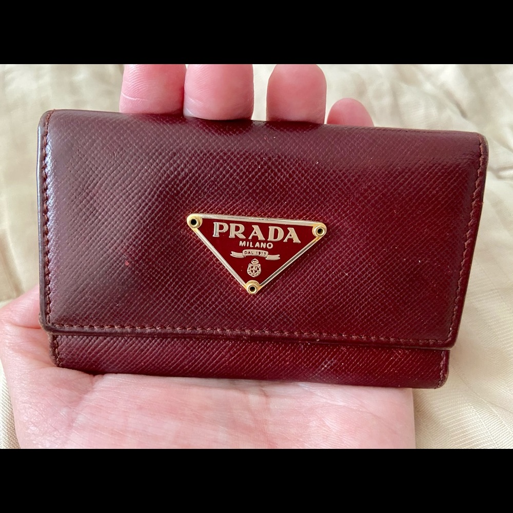 Prada Saffiano Leather Keychain in burgundy